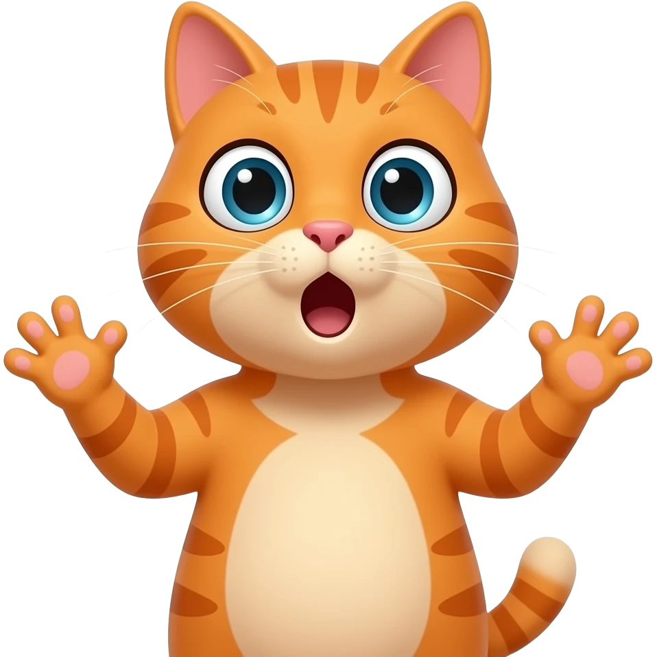 An orange cat standing upright, with hands and arms like a little person, looking very surprised. All his body ia orange. emoji