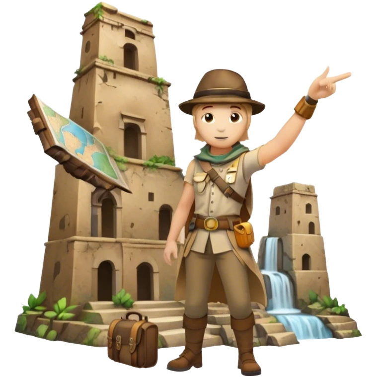 Icon for Documentary Film (TV style): A traveler pointing backward and narrating in front of ancient ruins. Include elements like historical landmarks, maps, and exploration tools to evoke a sense of adventure. Transparent background. emoji