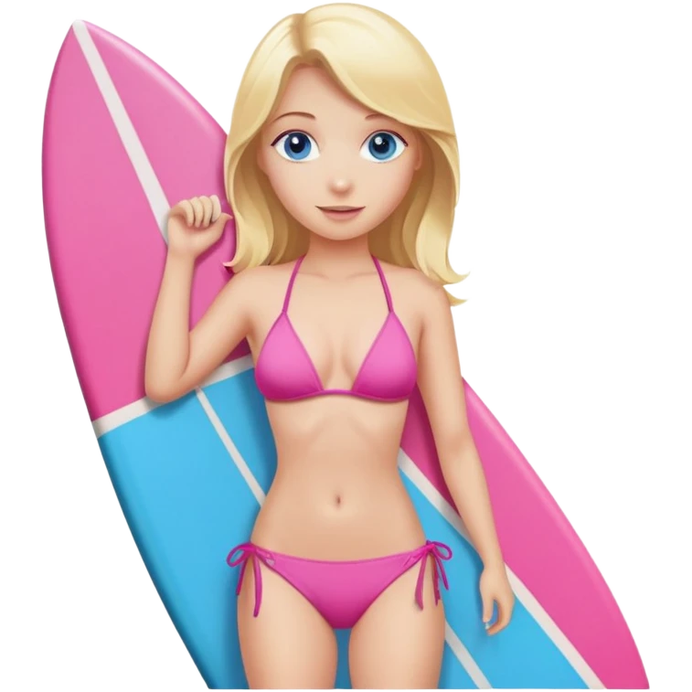 Blonde girl, with blue eyes, In a bikini with a pink surf board emoji