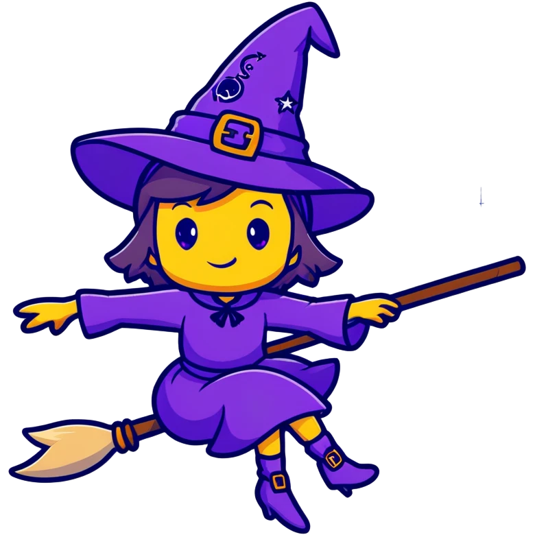 cute witch with purple hat flying on a magical broom with sparkles emoji