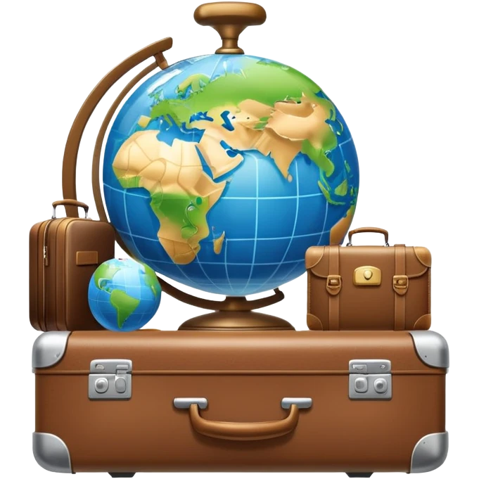An icon featuring a suitcase, a hotel bell, and a globe, symbolizing tourism and hospitality. The design includes a scenic landmark, like a mountain or beach, and a check-in desk, representing travel and accommodation services. Transparent background emoji