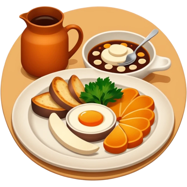 Homemade dishes on a plate, warm cozy colors, simple shapes, flat design, high contrast, friendly and inviting. emoji