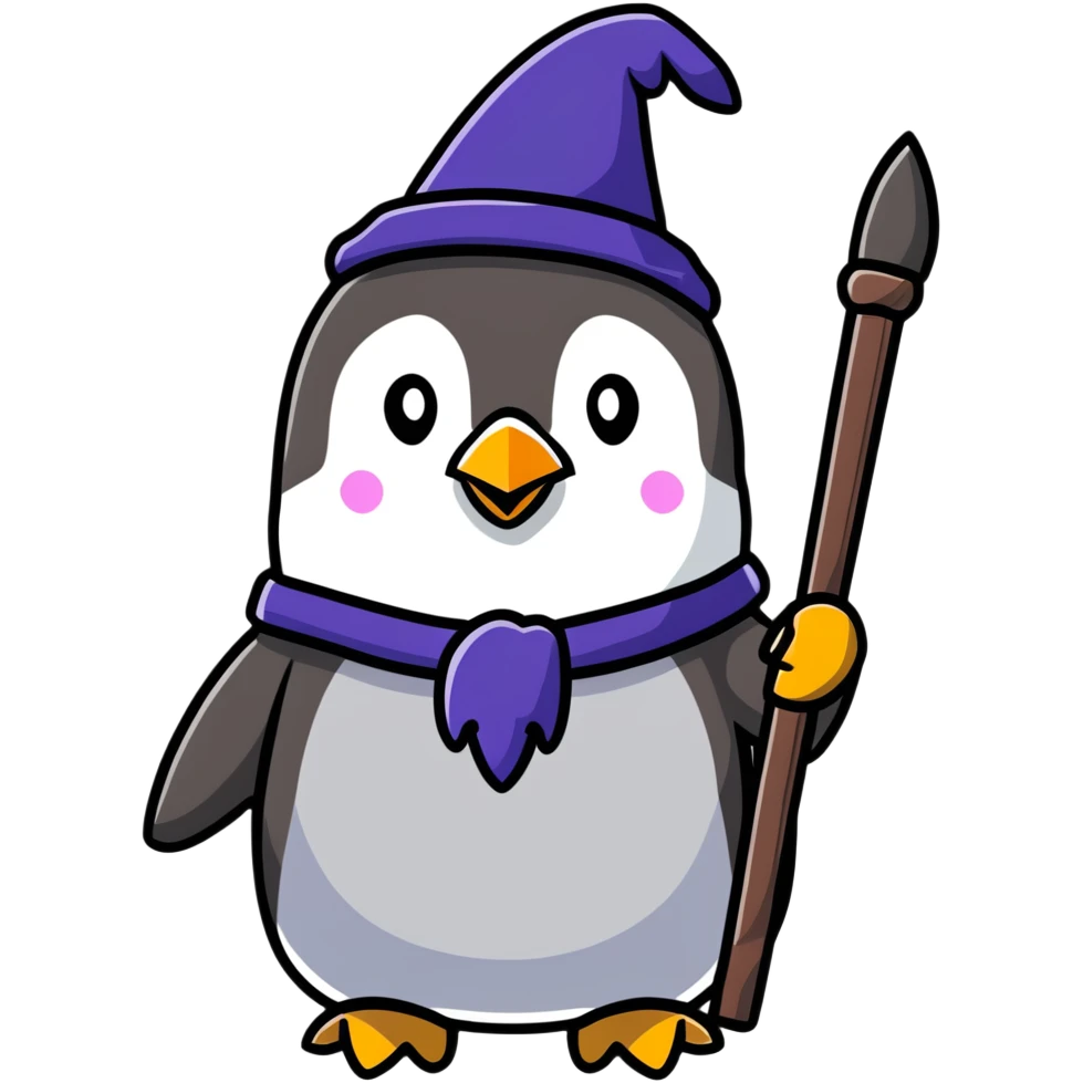 penguin wizard with a staff and hat emoji