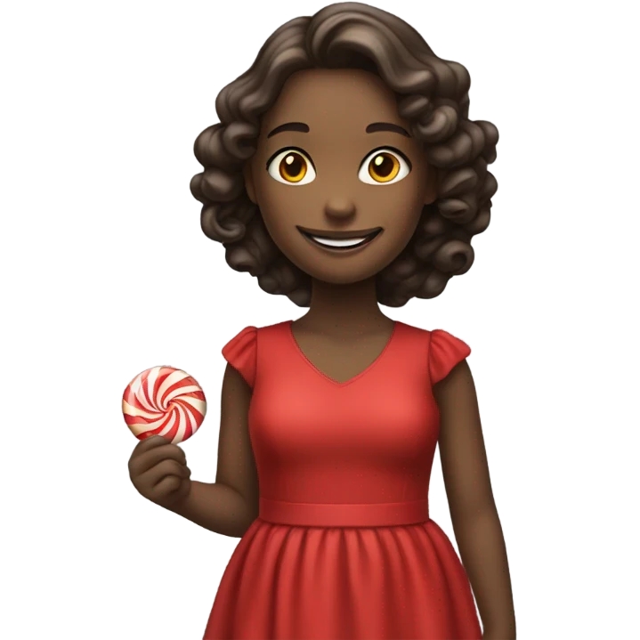 smiling girl in red dress with candy background emoji