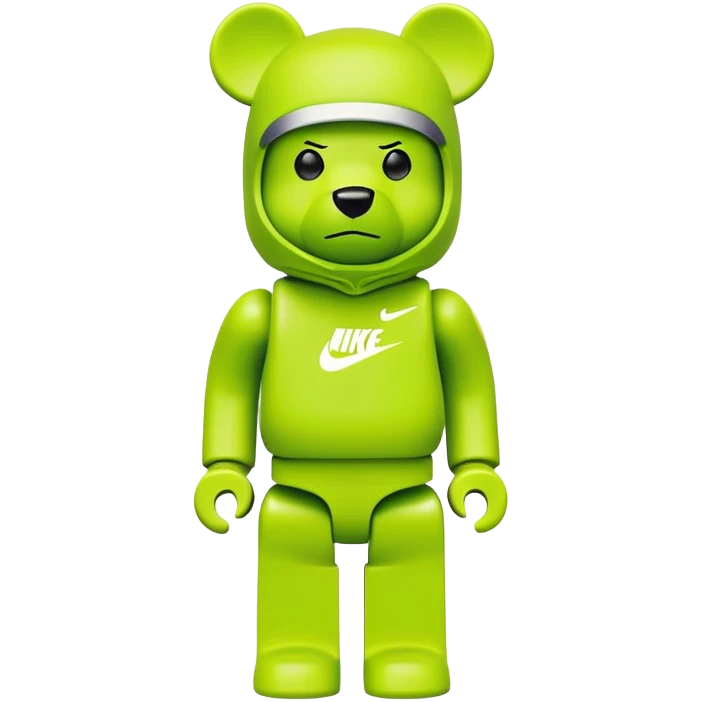 classic bearbrick toy with squared head, wearing a bright lime balaclava with Nike swoosh logo on it, pronounced eyebrows, blocky bear design emoji