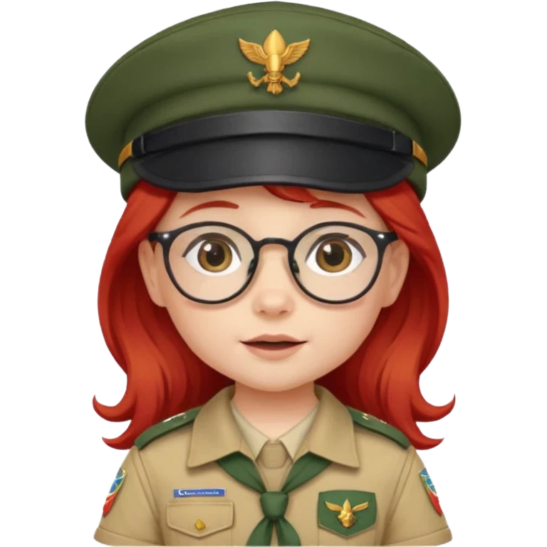scout girl baby with uniform including the hat,  little with glassess and long red hair emoji