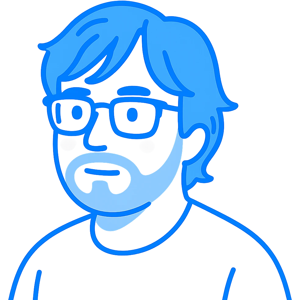 A thoughtful man with rectangular glasses, fashionably tousled longer hair with trendy bangs that frame the face nicely, a naturally round face, and a slightly wider nose. Use bright azure blue for all main features and line work, minimal pink highlights only on the cheeks, and light gray tones only for the neat short beard and subtle shadows. emoji