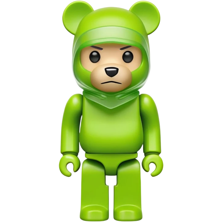 classic bearbrick toy figure with cubic head, wearing a lime green balaclava with clear aggressive eyebrows, blocky bear design not monkey emoji