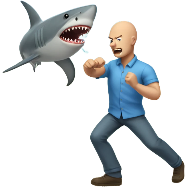 bald man in blue shirt fighting a shark emoji