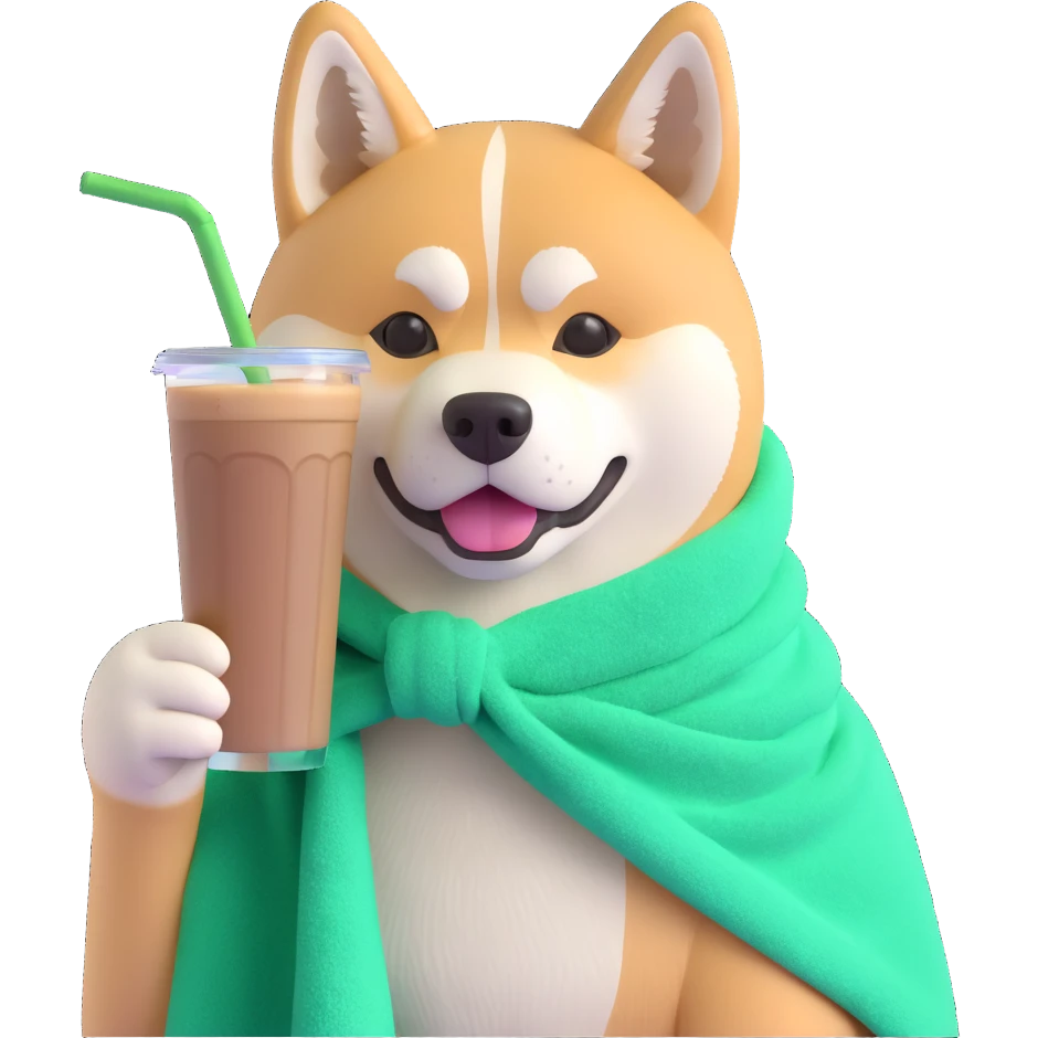 cute and expressive Akita Inu dog with a green towel tied around its head, drinking iced coffee emoji