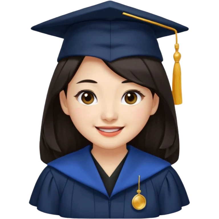 带着学士帽的，深棕色长发，黄种偏白皮肤的，高鼻梁，不戴眼镜的女博士生，在单只眼眨眼并开朗的笑，年龄26岁，学士服全身深蓝色短绒质地，但是黑领子， emoji