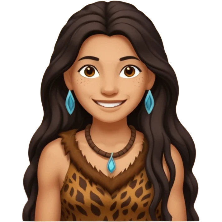 smiling cave woman with long hair and animal skin clothing emoji