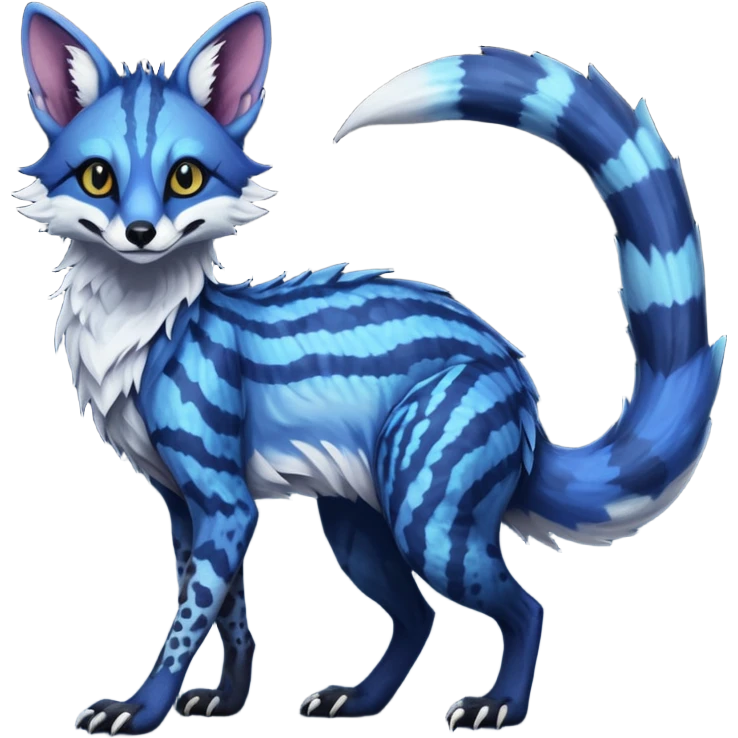 Feral Rare Fantasy scaly evil spooky vibrant dark shady shaded detailed deep-dark-cobalt-blue-gradients-colored colorful Vernid-Sergal-Genet-Trico-Fox-species by LiLaiRa, with dark-blackish points, white belly, random markings, tufted tail, tufted ears, full body emoji