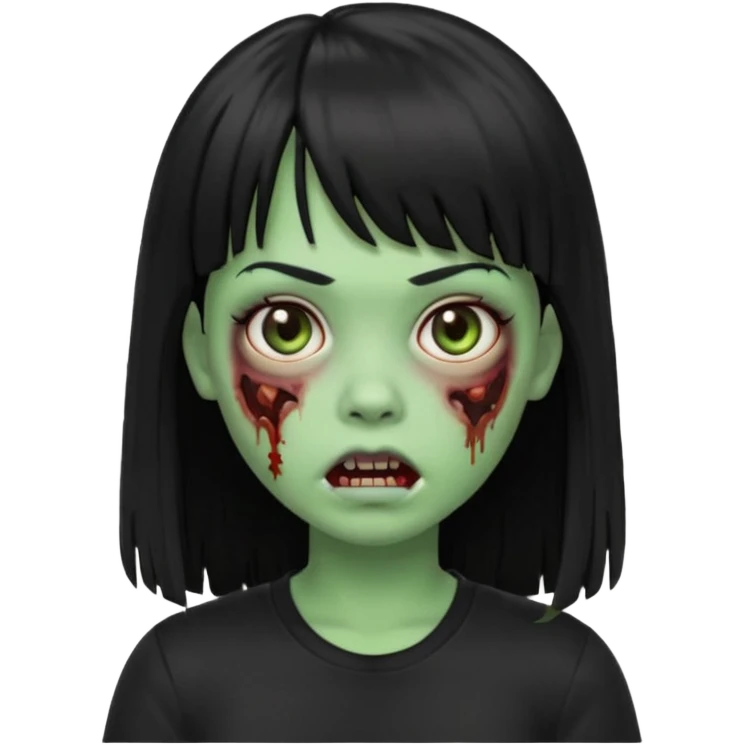 uma garota zumbi no formato Memoji da apple com o cabelo cumprido, preto liso e com franja, blusa preta emoji