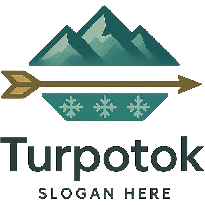 Modern minimalist logo for Turpotok with a stylized Kurai arrow, Ural Mountains silhouette, and subtle Bashkir ornamentation. Text 'Turpotok' in a modern sans-serif font with optional slogan. Color palette reflecting Bashkir culture and natural beauty emoji