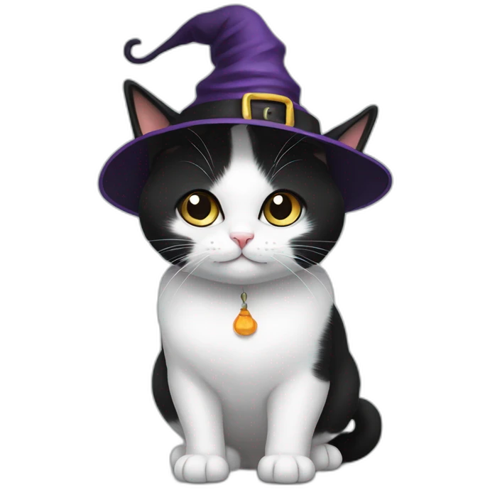 Black and white munchkin cat with a witch hat emoji