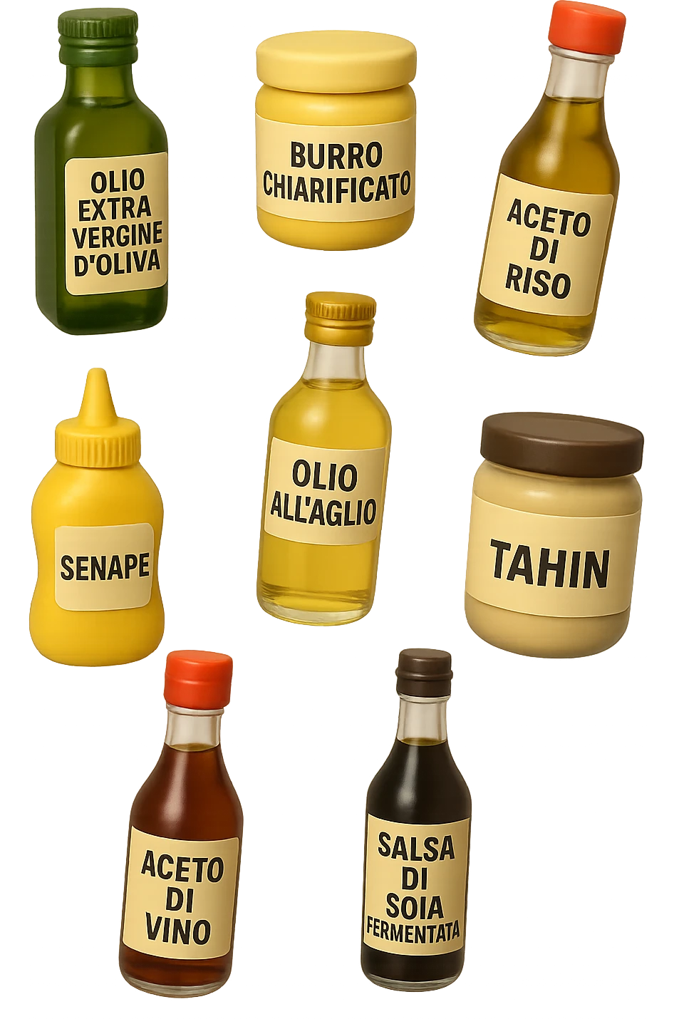 emoji stile iphone 3d di questi elementi che fluttuano in aria sparsi casualmente:

Olio extravergine d’oliva, burro chiarificato
Olio all’aglio (senza pezzetti)
Aceto di vino, aceto di riso, senape, tahin
Salsa di soia fermentata (senza aglio/cipolla)


 che fluttuano sparse casualmente in aria, le etichette dei prodotti scrivile in italiano, iperealistico 4k emoji