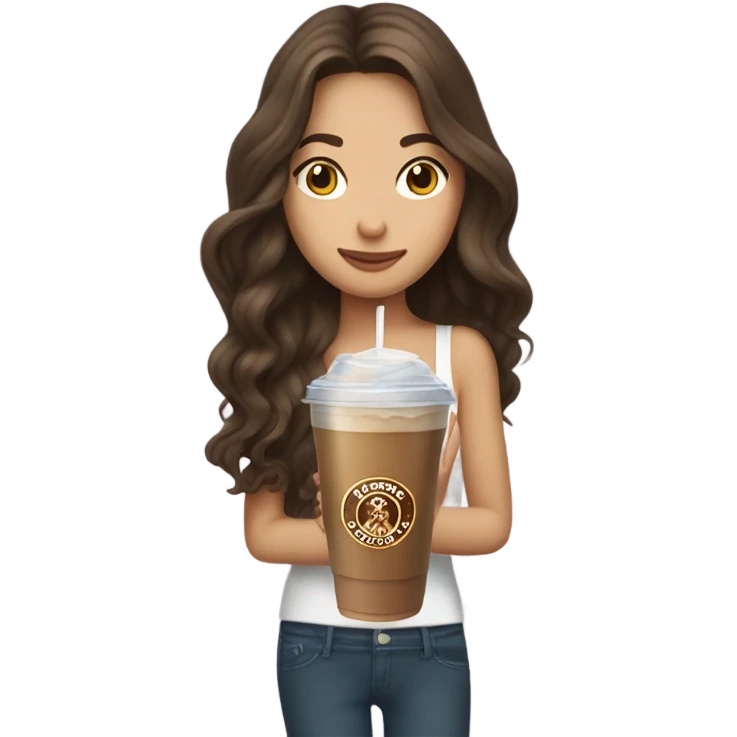 Brunette cute girl with long wavy hair in curtain style holding ice coffee  emoji