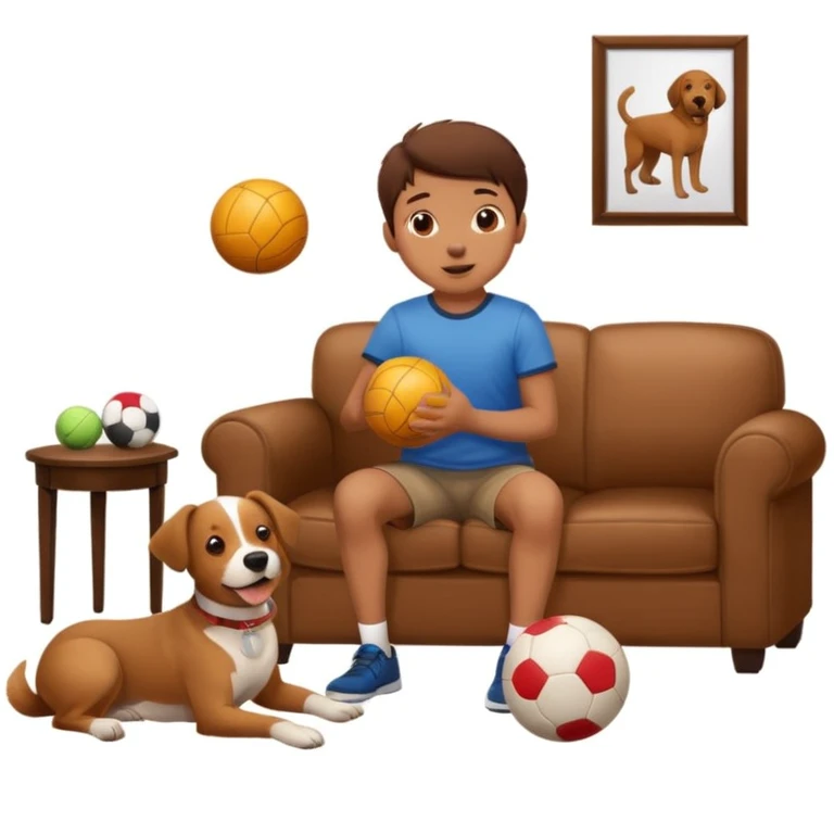 kid and dog playing with ball, living room background emoji