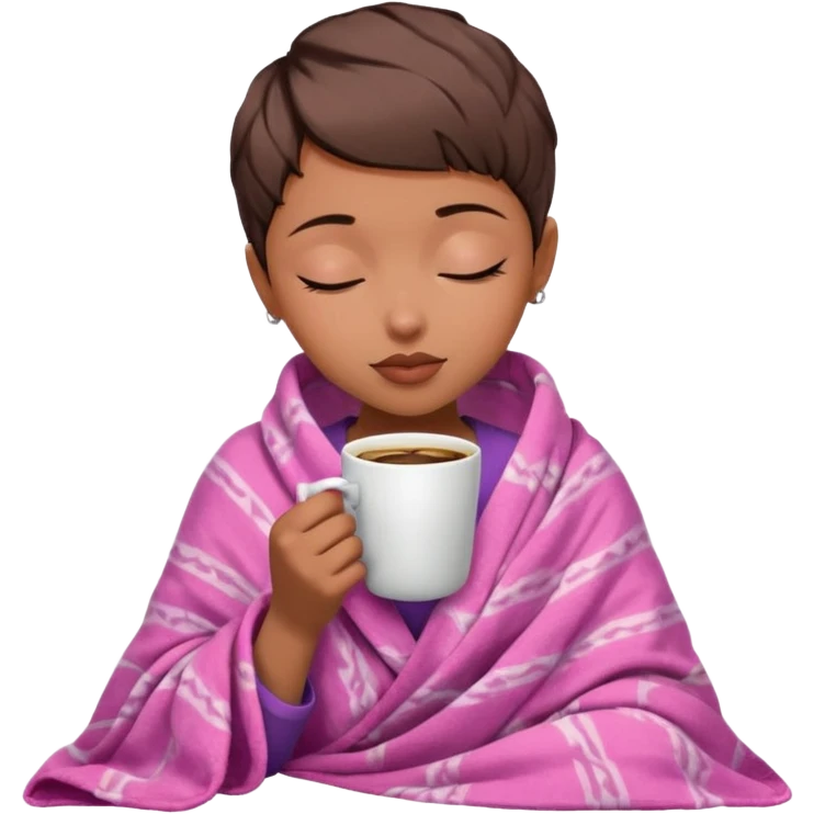 white girl pixiecut Hair Brown inside a blanket sipping Pink coffee eyes closed emoji
