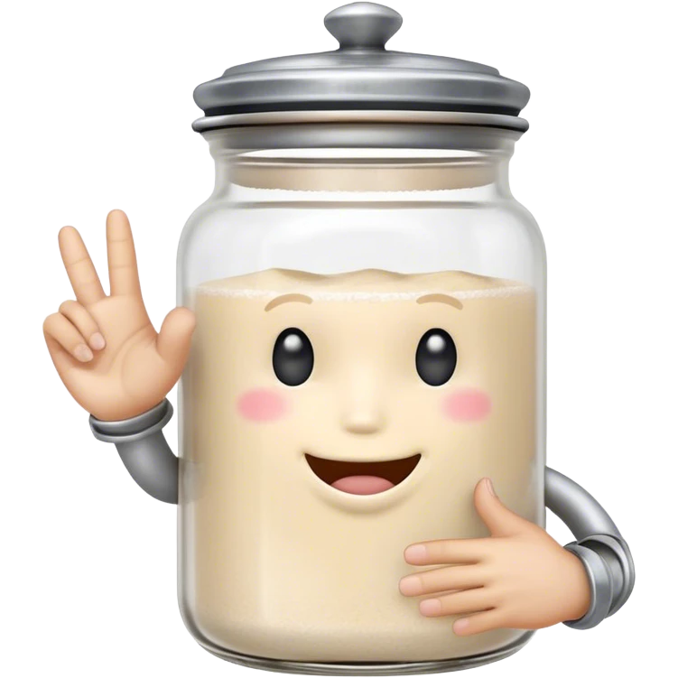 A cute anthropomorphic salt jar with transparent glass body and metal lid,with thumb and pinky extended on each hand, other fingers folded emoji