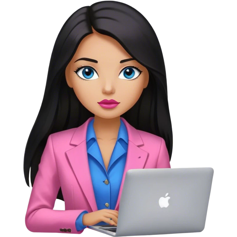 Glamours tanned very beautiful girl with very pump nude lips and black straight smooth long hair, blue eyes and pink blazer with MacBook  emoji