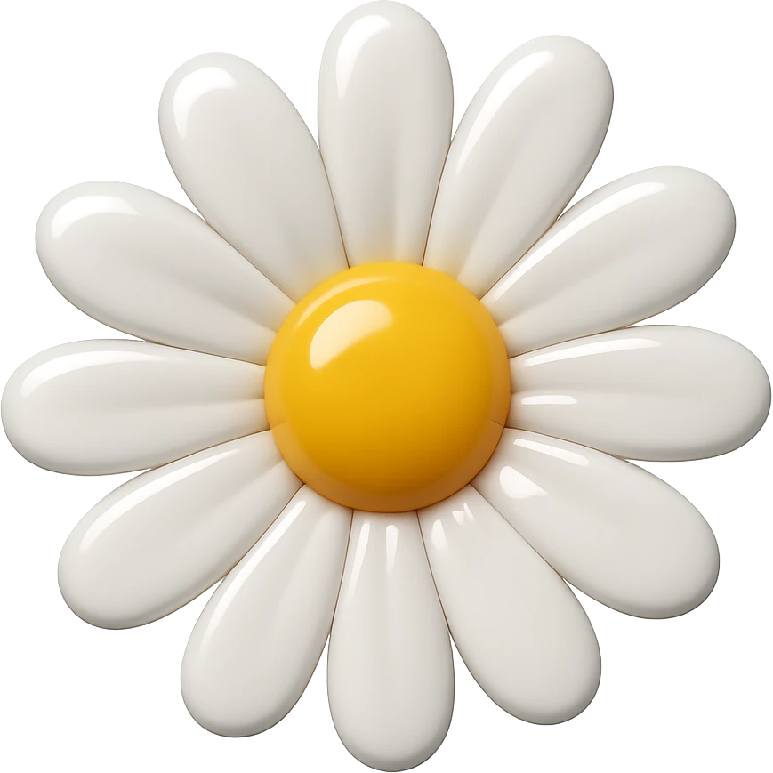 3D iOS-style close-up daisy, glossy effect, white petals, yellow center, no background emoji