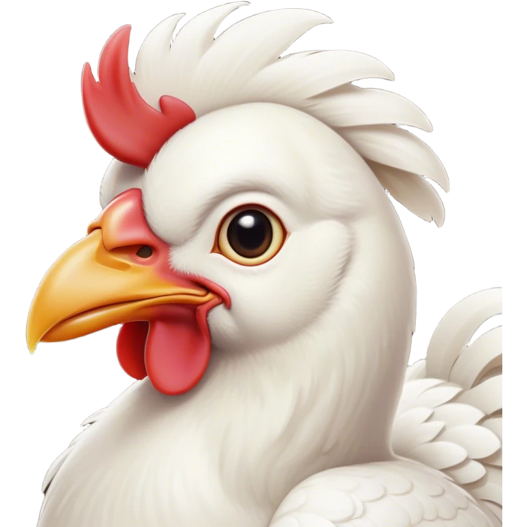 Cinematic Noble White Chicken Portrait Emoji, Poised and regal, with a compact, sturdy build and a pristine, well-groomed pure white plumage, deep-set soulful beady eyes, Simplified yet sharp and sophisticated features, highly detailed, glowing with a soft, dignified glow, high shine, intelligent and alert, stylized with an air of barnyard elegance, focused and attentive, soft glowing outline, capturing the essence of a watchful and confident fowl, so majestic it feels as though it could strut out of the screen with effortless authority! emoji