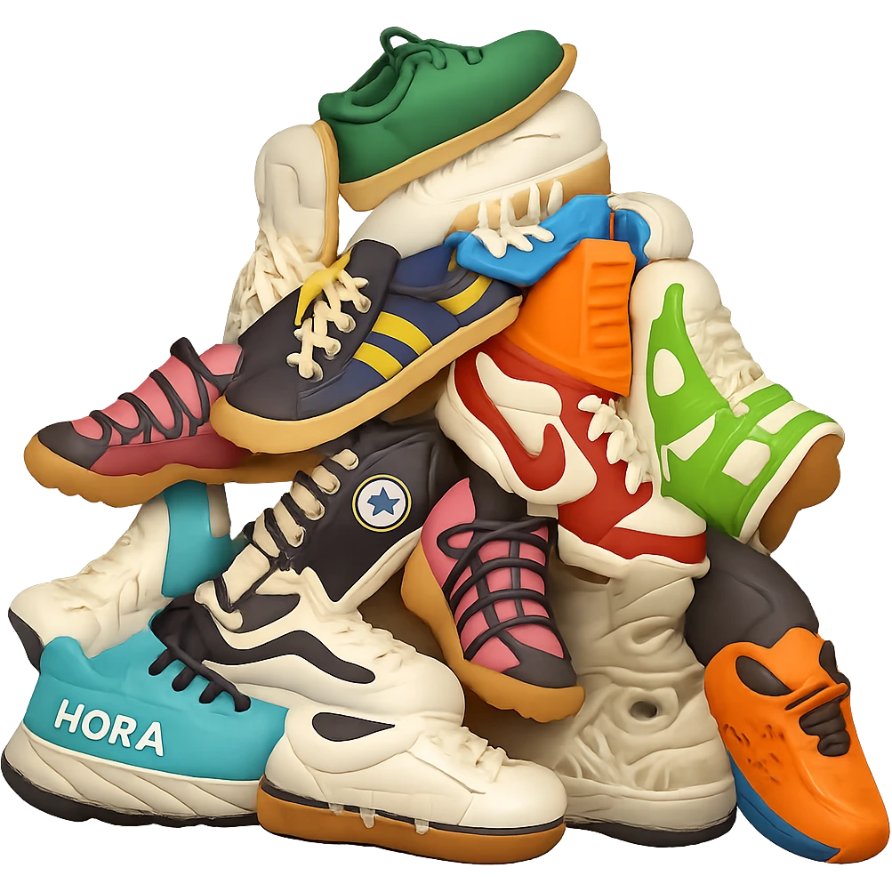 Transform this pile of mixed sneakers into a semi-realistic 3D emoji style with a slightly playful, rounded, and polished texture. The look should be inspired by 3D emoji icons but not cartoonish. Use soft shading and vibrant but believable colors. The background should be transparent. emoji