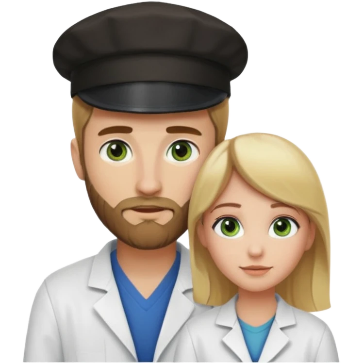 a blonde bearded guy wearing black cap, tall, fair skinned, brown eyes,  looking into the girls eyes who is short than him having green eyes and brown hair, who is in love with the guy, girl is wearing a lab coat, guy is wearing a brown jacket and blue jeans emoji