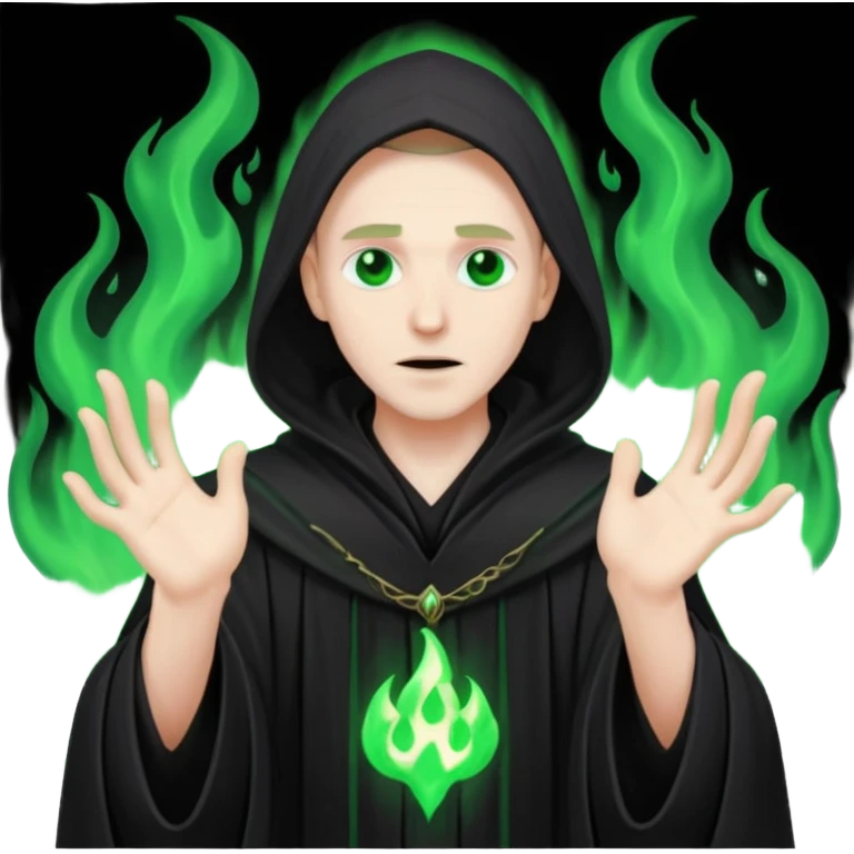 A dark sorcerer in flowing black robes, conjuring eerie green flames emoji