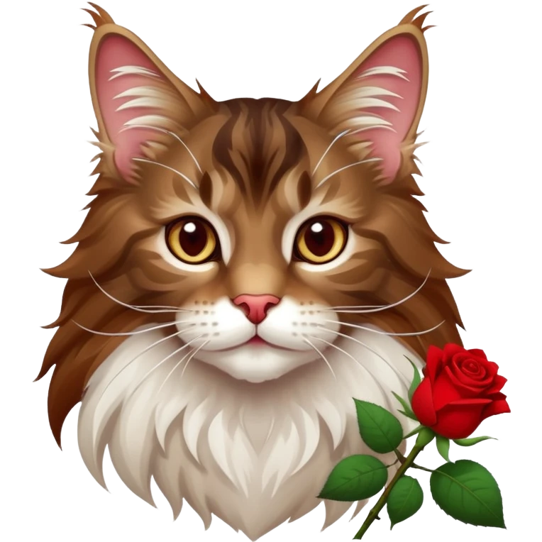 A cute  little  brown and white Maine coon and rose emoji