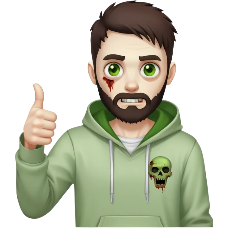 zombie with thumbs up gesture, undercut hairstyle with dark brown hair, short full beard, heterochromia with one green eye and one brown eye, wearing plain white hoodie emoji
