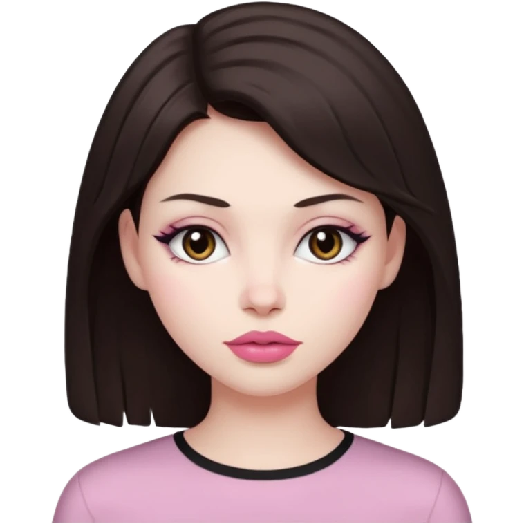 my hair is dark brown almost black, reaching my underarm. the haircut is wolfcut, pretty lasher hut not thick. slightly pink lips. emoji