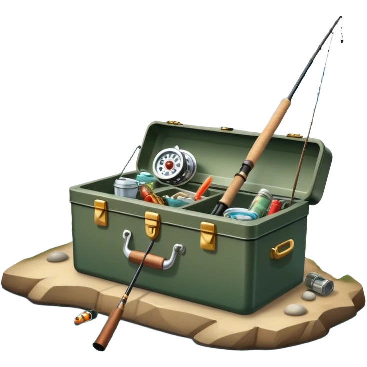 Icon for Fishing: a boat on the shore of a peaceful water body with a beautiful natural landscape, a fishing tackle box, a spinning rod. The icon should capture the tranquility and gear of a fishing adventure. Without frame. Transparent background. emoji