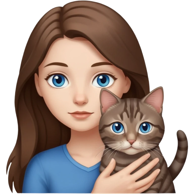 White girl with blue eyes and long brown hair, holding a small dark gray tabby cat emoji