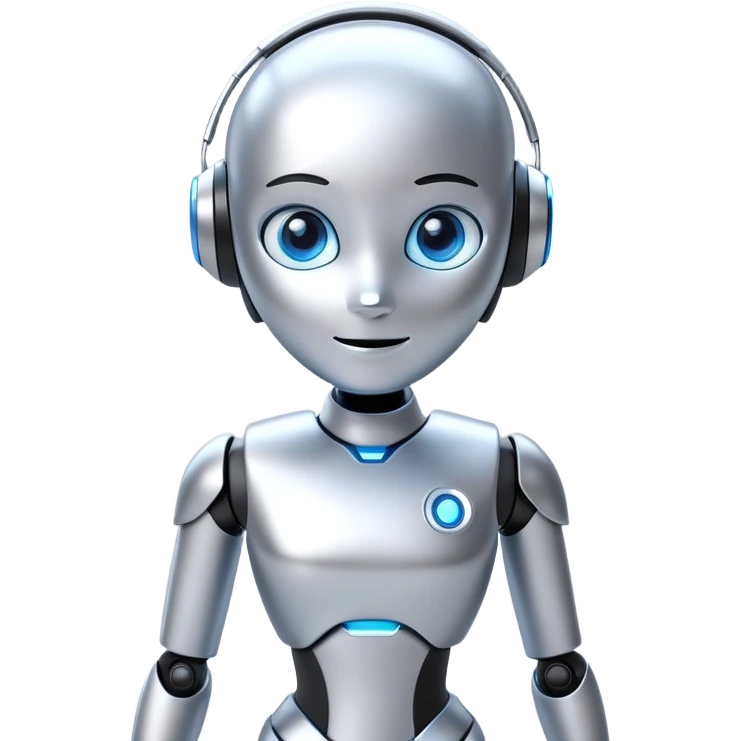 “Design a sleek, futuristic digital assistant mascot for a tech agency. The character should look friendly and smart, with glowing blue eyes, a smooth metallic body, and minimalist details. The mascot should blend AI aesthetics with a warm personality, slightly humanized but clearly synthetic. Background neutral. Style: semi-realistic 3D render or stylized illustration.” emoji