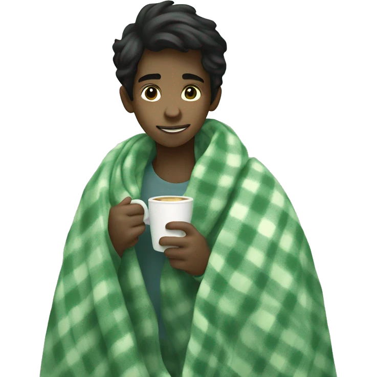 black hair boy wrapped in pastel green plaid blanket drinking coffee emoji