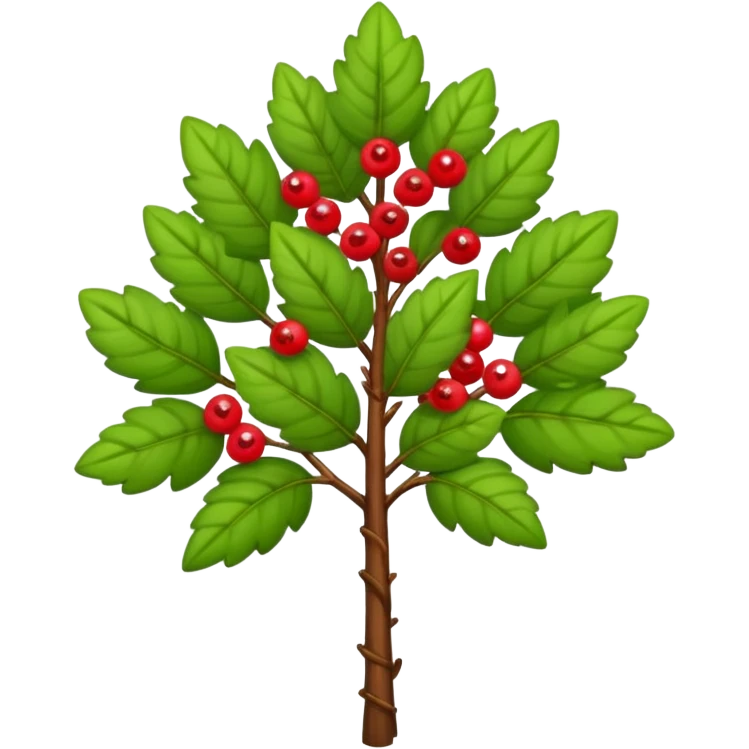 A tall shrub with layered leaves and a few small berries. emoji