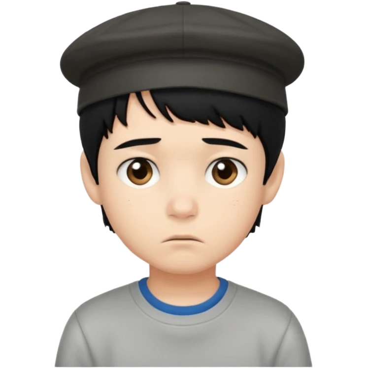 Gere um menino de cabelos preto e boné com feição triste emoji