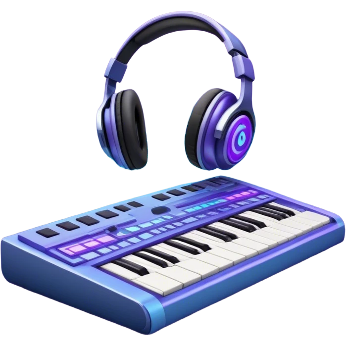 Create a sleek and modern emoji that represents sound design. The design should feature sound waves made from musical notes, a sound mixing console, and a pair of studio headphones to symbolize the process of creating and shaping sound. Include elements like a synthesizer or audio effects buttons to highlight the creative tools used in sound design. Use futuristic colors like neon blue, purple, and silver to convey the cutting-edge, experimental nature of sound creation. The background should be transparent. emoji