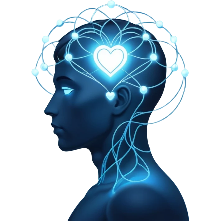 elegant man silhouette with delicate interconnected lines and floating orbs, luminous cores at head and heart, soft white-blue light emoji