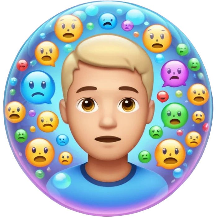 Realistic emoji-style man trapped inside a glowing filter bubble. The bubble contains identical social media icons and repeating content symbols. Outside the bubble are colorful diverse icons he cannot see. The man looks comfortable but unaware, expressing narrow perspective. emoji