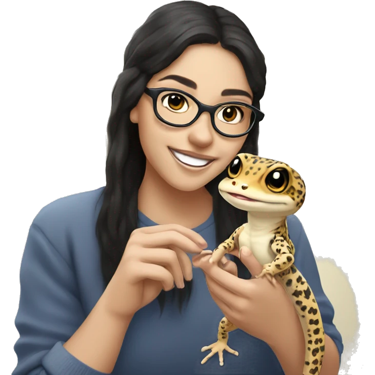 white skinned girl with warm smile and glasses and black hair and eyebrow piercings holding a leopard gecko in her hands  emoji
