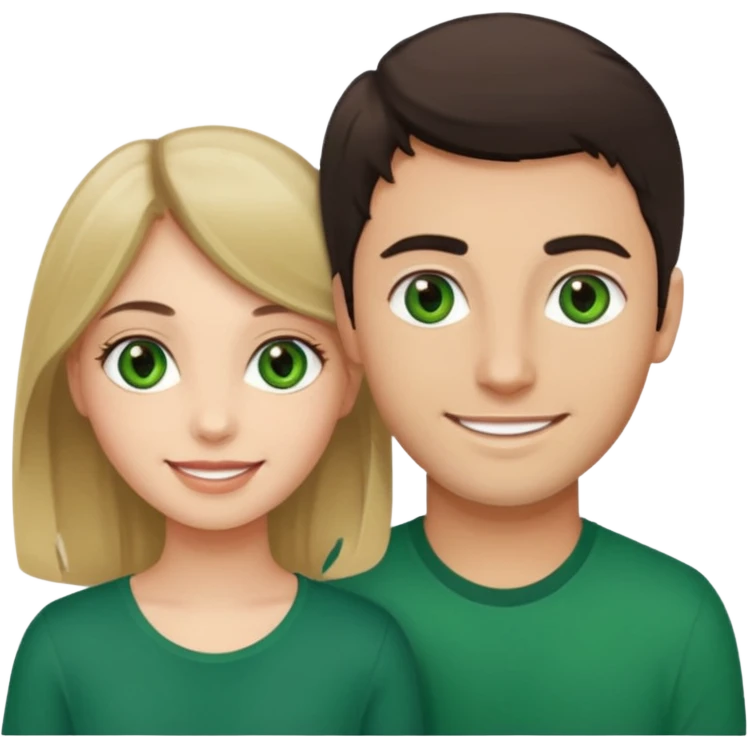 A girl with green eyes and dark hair with her boyfriend with light brown eyes and dark blonde hair and a cavanhaque emoji