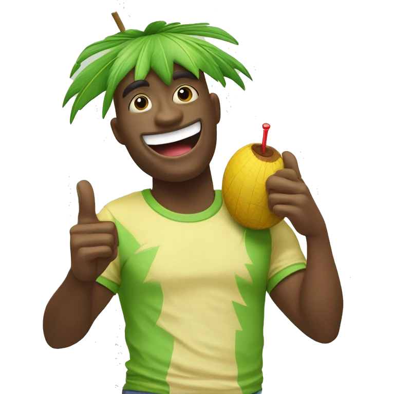 "Create a fun emoji of a green coconut with a red straw on top. The coconut is wearing a yellow t-shirt and making a 'C' gesture with one hand and a 'thumbs up' with the other. The character should appear cheerful and inviting." emoji