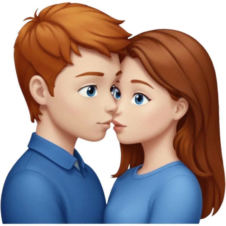 Girl with straight brown hair kissing ginger boy. Both have blue eyes  emoji