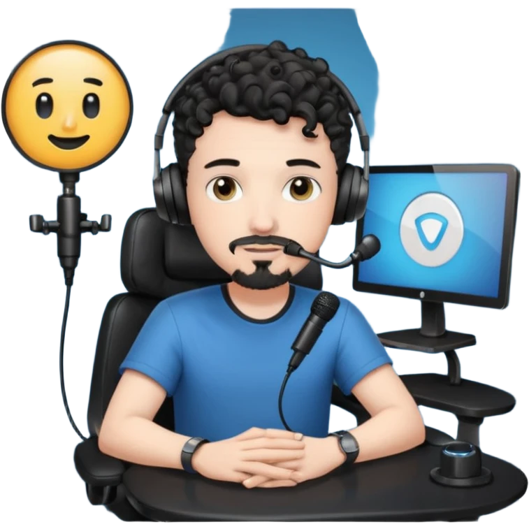 a setup of a youtuber his blach curly short hair, white skin, a thin goatee, with a desktop pc on a table, a gaming chair, microphone, ring light emoji