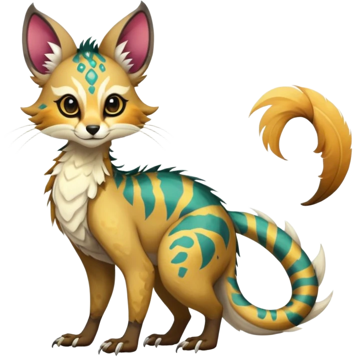 Feral Rare Fantasy vibrant tropical Vernid-Trico-species-creature by LiLaiRa, random markings, tufted tail, tufted ears, full body emoji