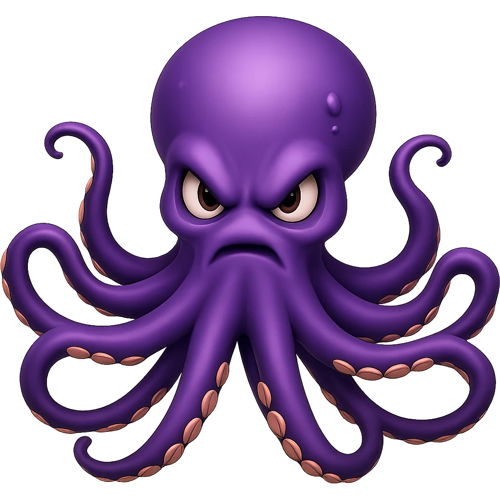 Remove the nose, make the octopus look scary, keep the purple color, with no background. Maintain the original style and details of the octopus while making it look scary and purple. emoji